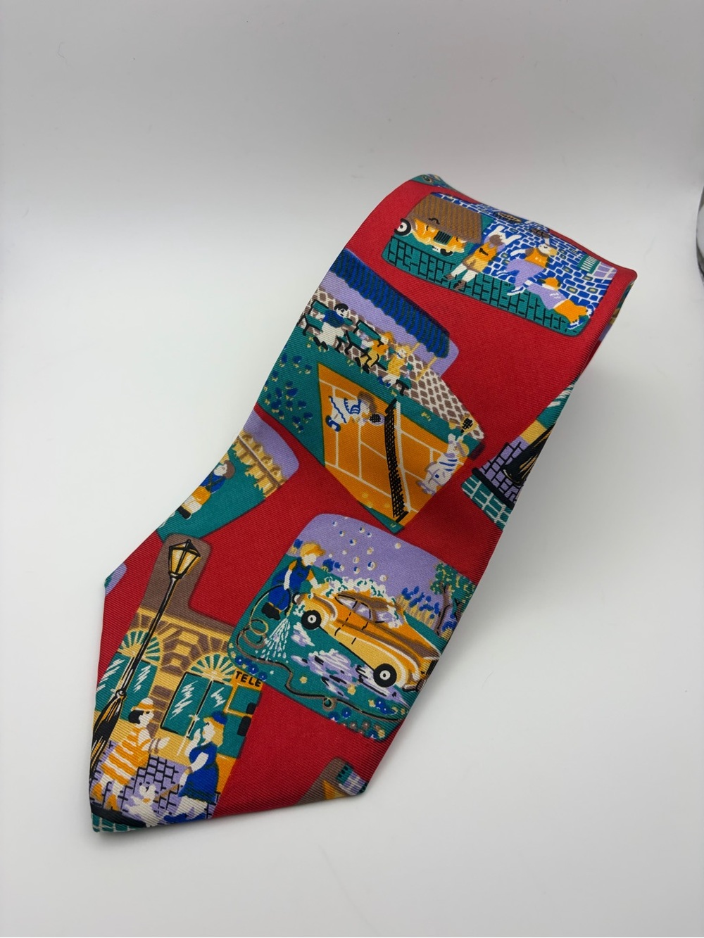 Johnny Carson Italian Silk Tie American Scene Sunday A Day Off Vintage USA Red